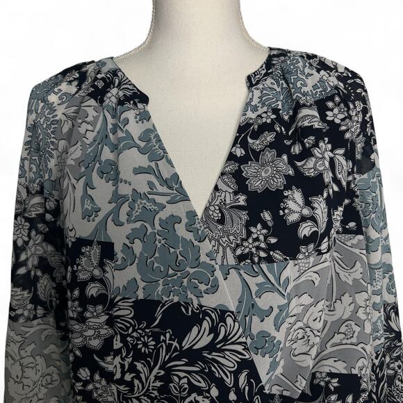 Loft Size Small Boho Paisley Black Gray Blouson Dress Surplice Casual Comfort - Picture 4 of 8